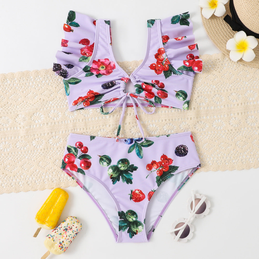 Girls Split Swimwear Leaf Print Fashion Swimsuit
