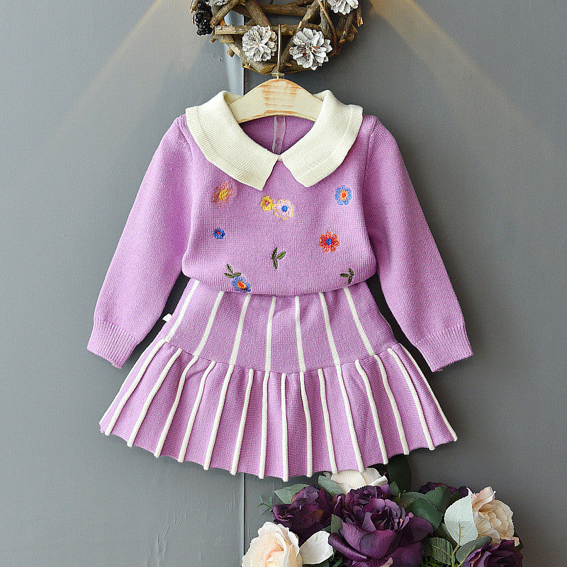 Girls Casual Long Sleeve Sweater with skirt Set