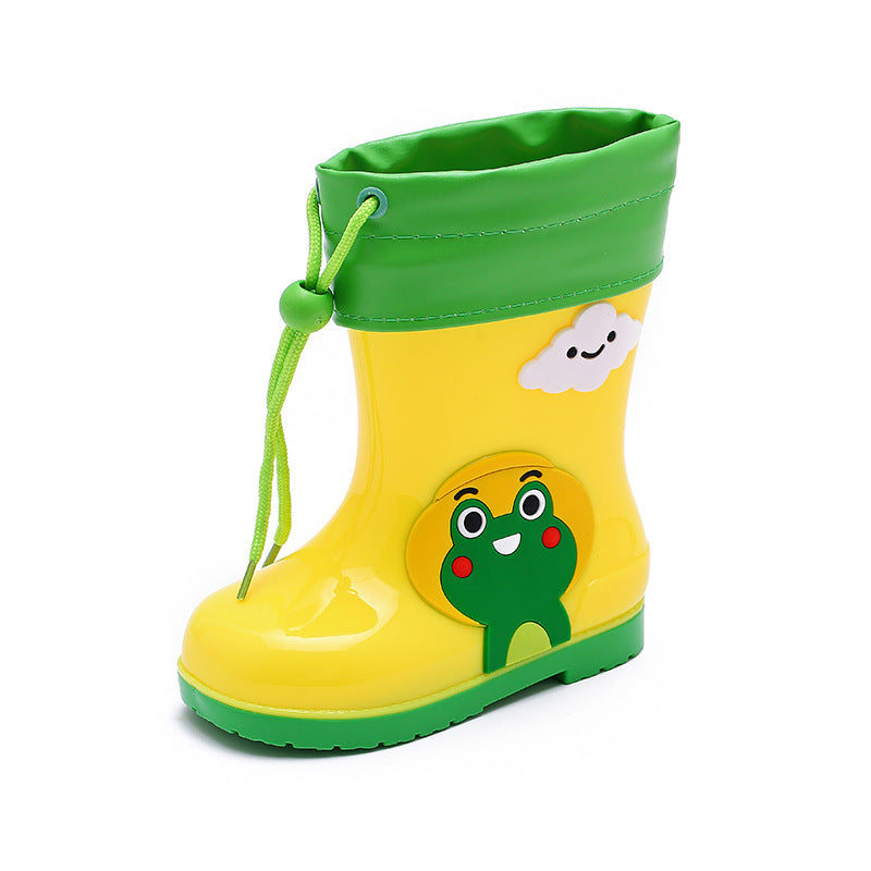 Rain-resistant cartoon boots for boys and girls, yellow with green accents.