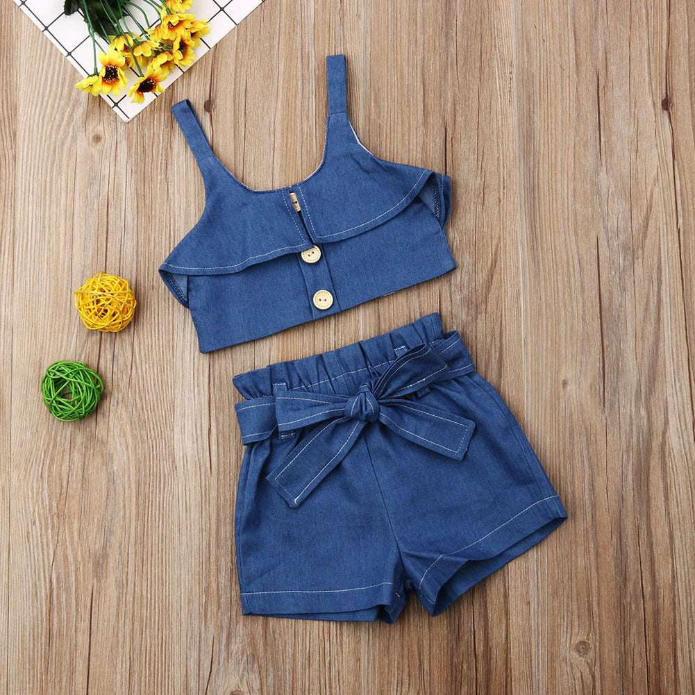 Girls suspender skirt Wooden Button Halter top 2pc Set