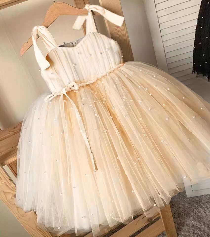 Girls Lace-up Pearl Mesh Pettiskirt Dress