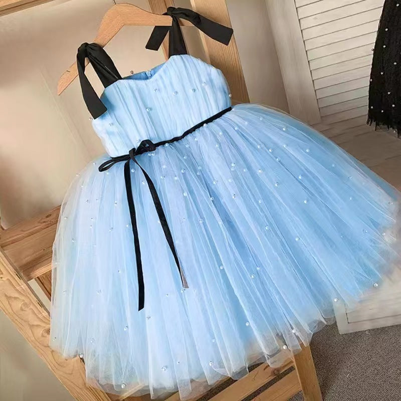 Girls Lace-up Pearl Mesh Pettiskirt Dress