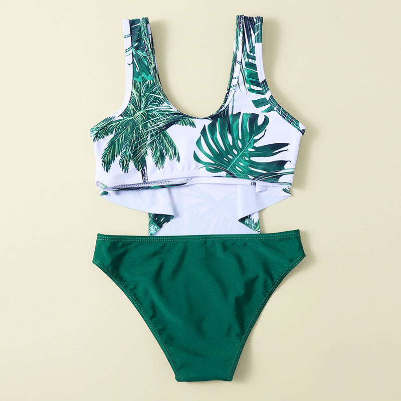 Girls Split Swimwear Leaf Print Fashion Swimsuit