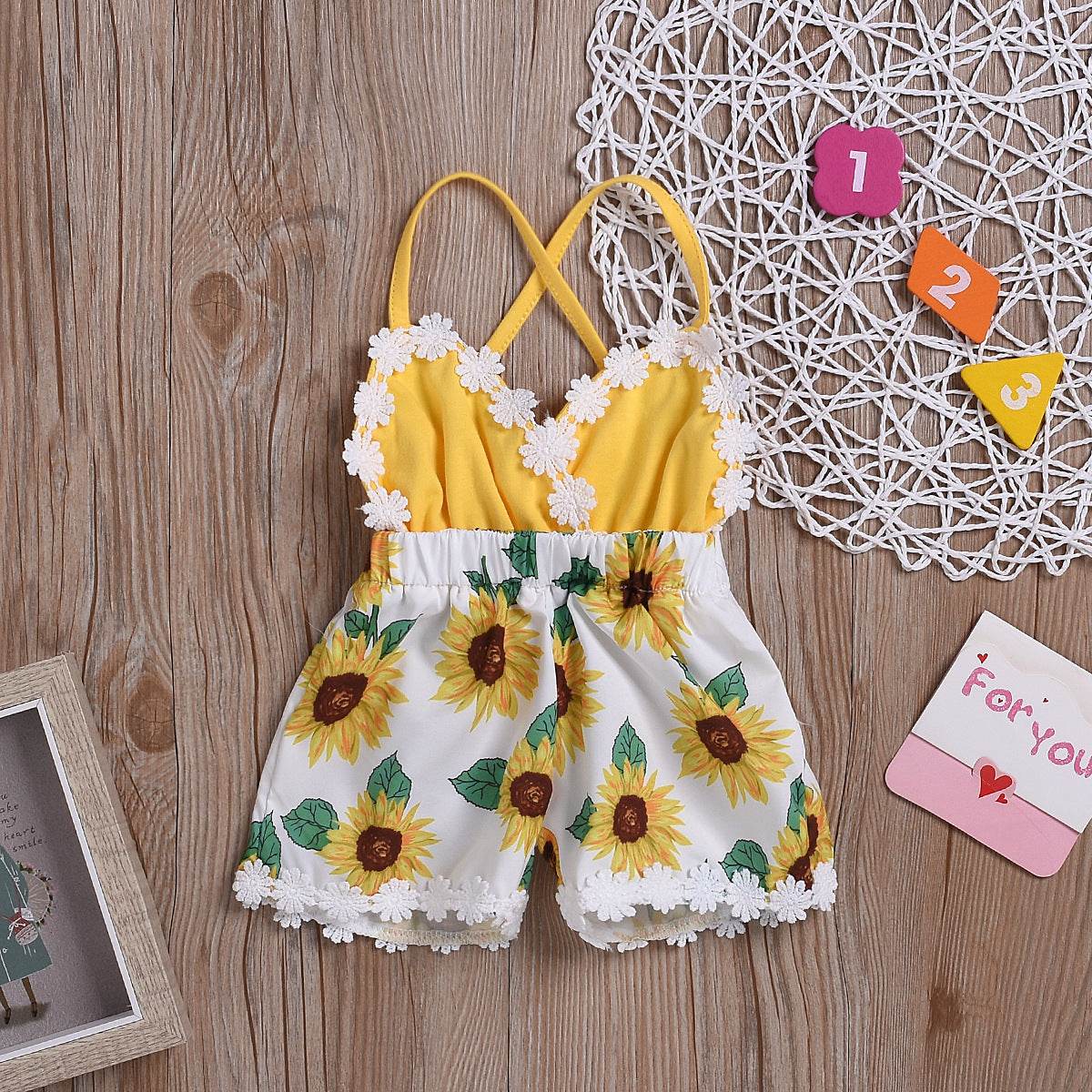 Baby Girls Sunflower Sling Lace Jumpsuit