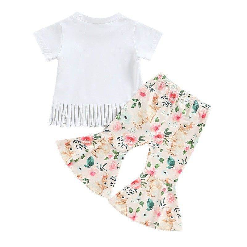 New Girls Rabbit Floral Flare Trouser Set