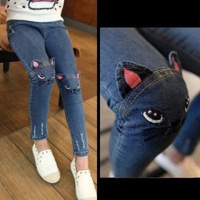 Girls Cat Embroidery Spring And Autumn Straight Leg Jeans