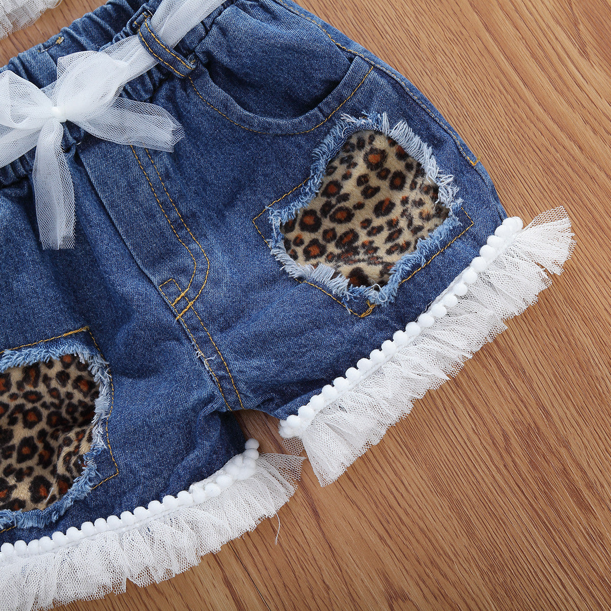 Girls Denim Cheetah Sleeveless Tank Top Shorts 2pc Set