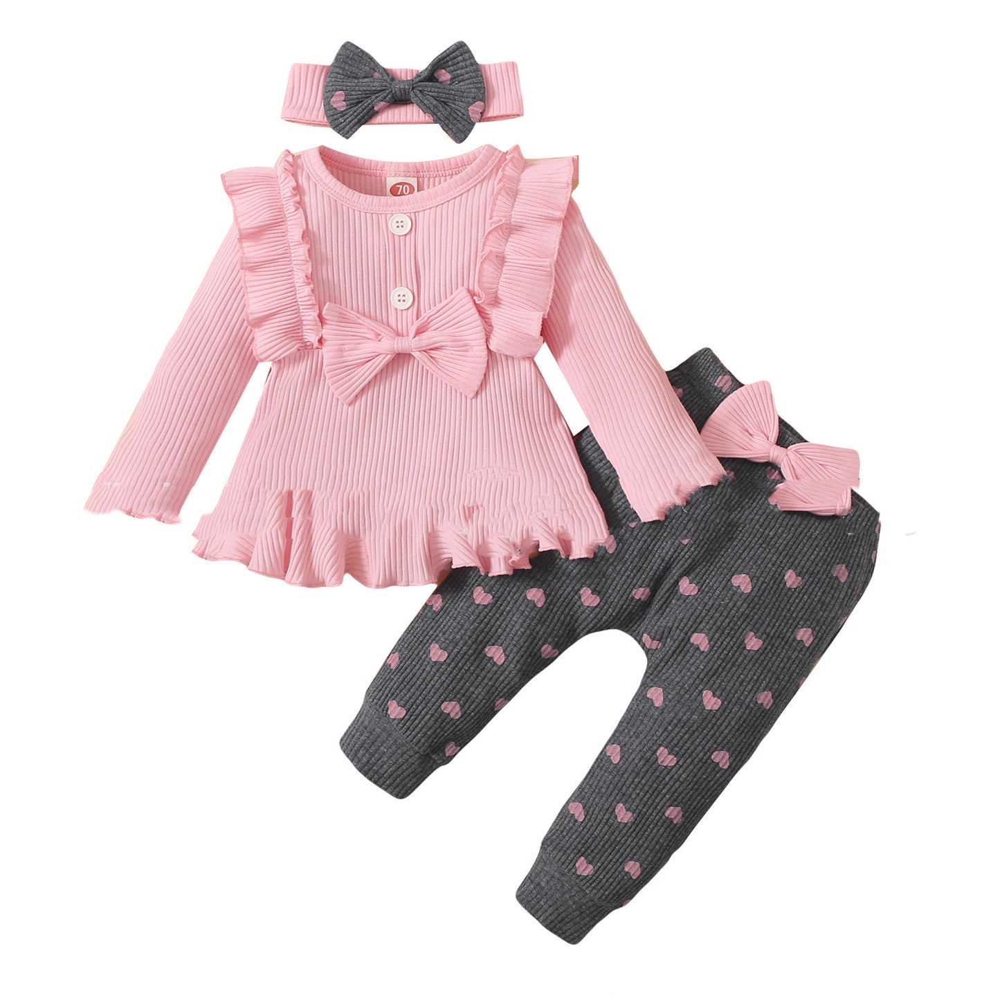 Sunken Stripe Ruffle Shoulder Top And Printed Heart Leggings