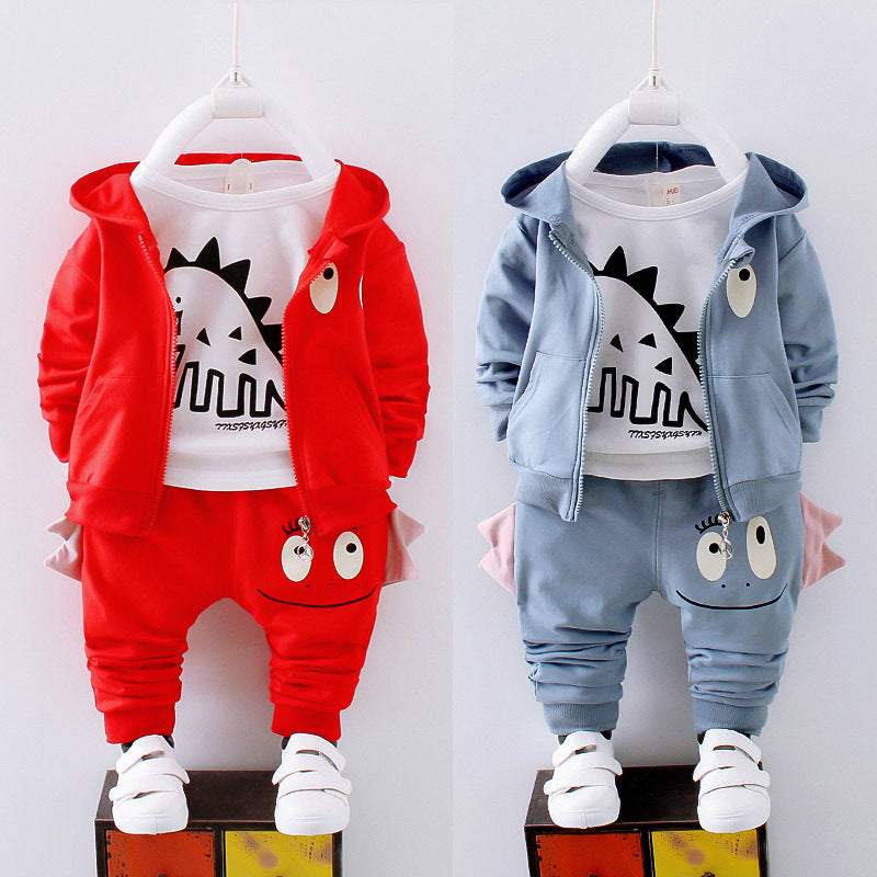 Boys autumn sports suit with dinosaur print, red and blue options, long sleeves, pants set.