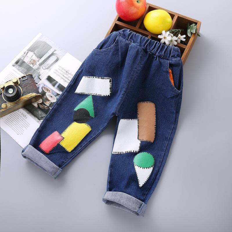Kids toddler pattern jeans in dark blue with colorful patches, suitable for spring and autumn.