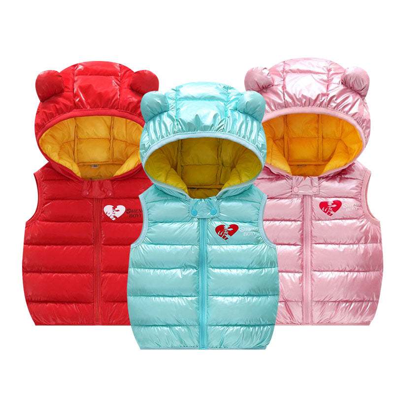 Children's hooded bubble vest in red, blue, and pink for winter warmth.