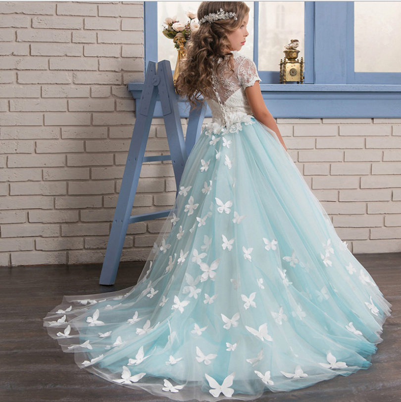 Girls Butterfly Showroom Princess Round neck short-sleeved with Tail