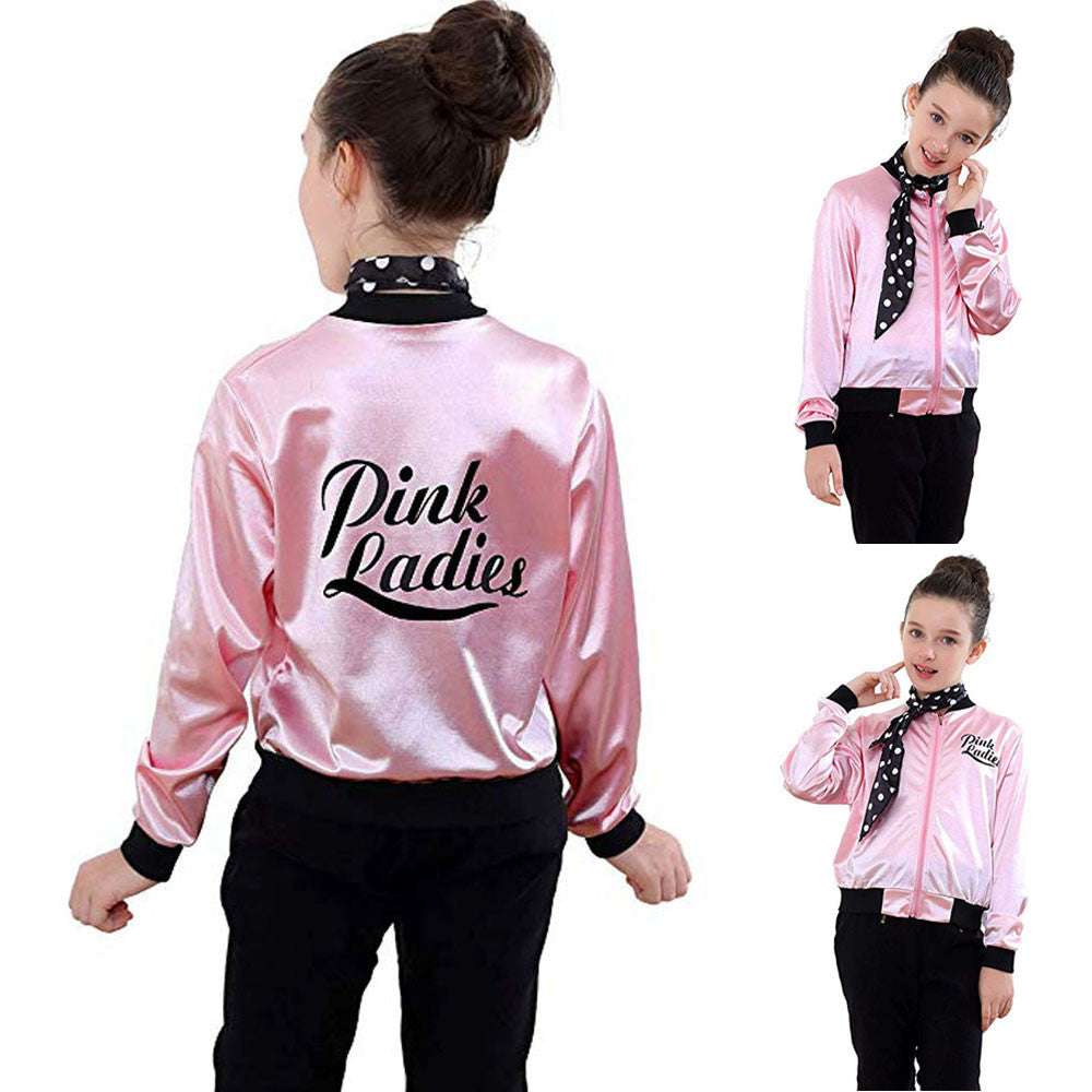 Kids Ladies Grease Jacket in pink satin with "Pink Ladies" text on back, polyester fiber material.