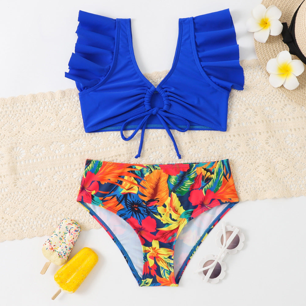 Girls Split Swimwear Leaf Print Fashion Swimsuit