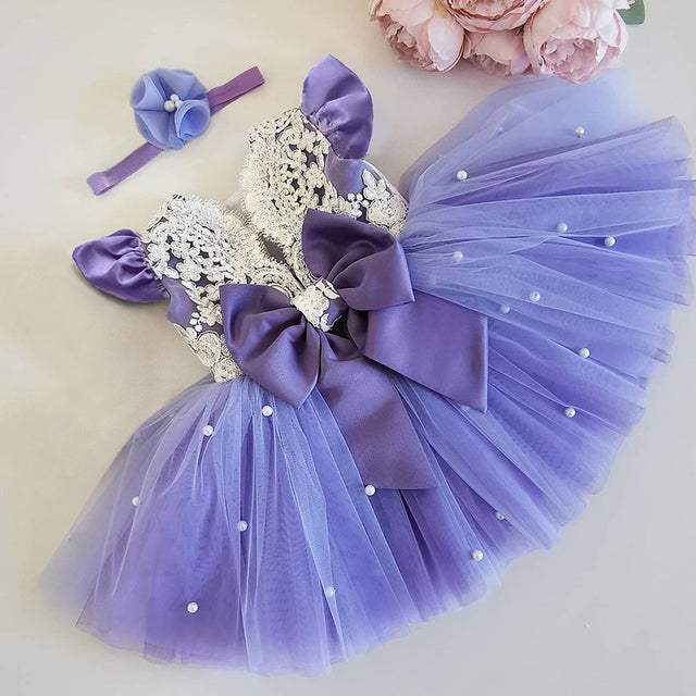 Toddler Baby Girls Lace Bow with Pearls Dresses