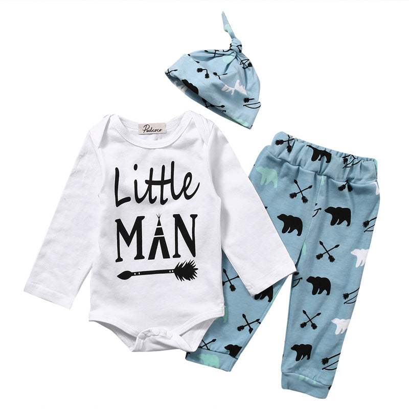 Little Man Fashion Letters Polar Bear Print Pants Set with Hat in Cotton, White Top and Blue Print Pants.