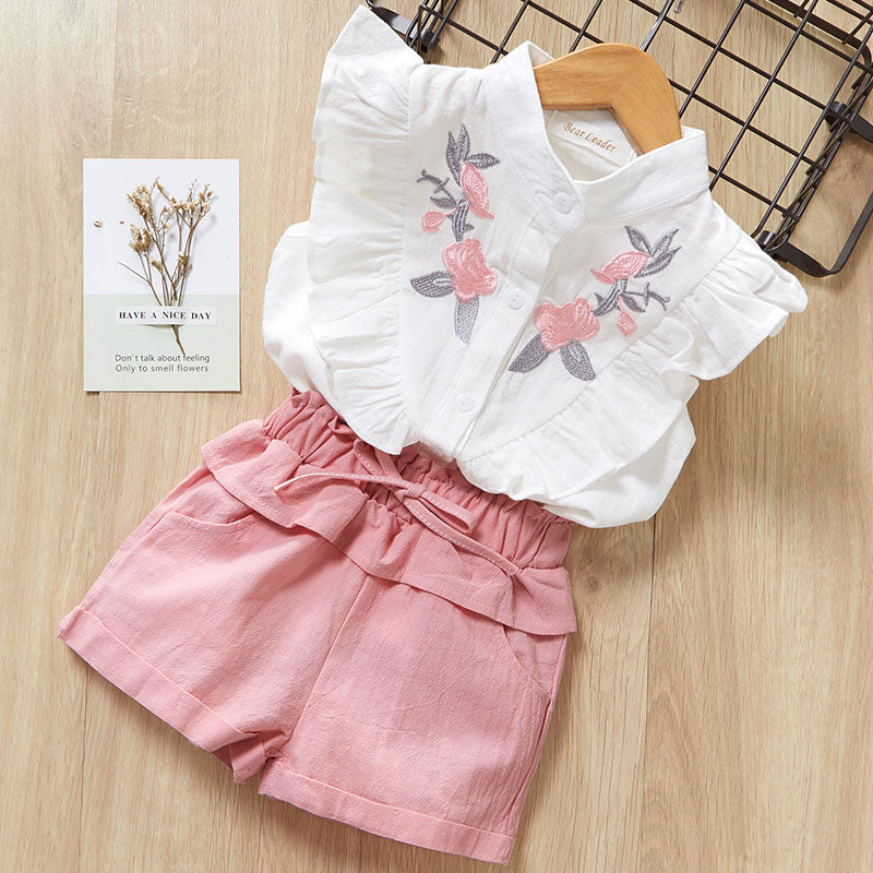 Girls Short Sleeve Casual Shirt And Short Dress Suit