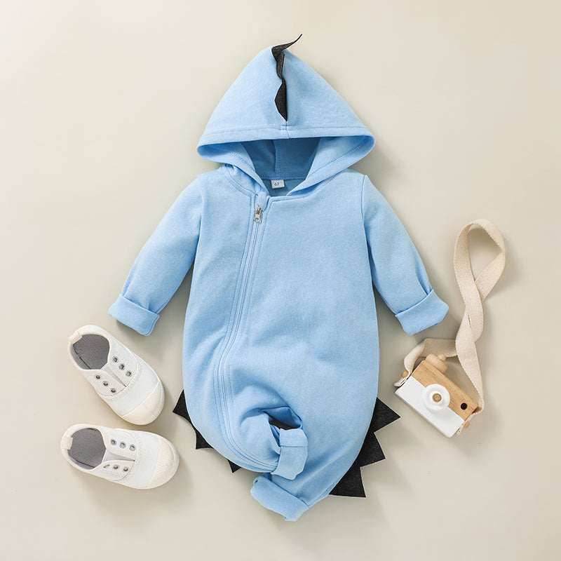 Infant cartoon style long-sleeved blue cotton one-piece with hood.