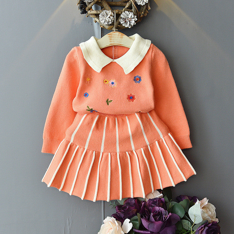 Girls Casual Long Sleeve Sweater with skirt Set