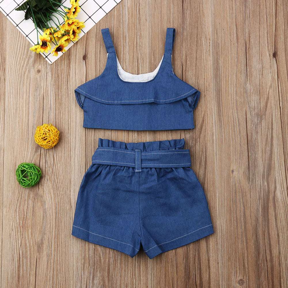 Girls suspender skirt Wooden Button Halter top 2pc Set