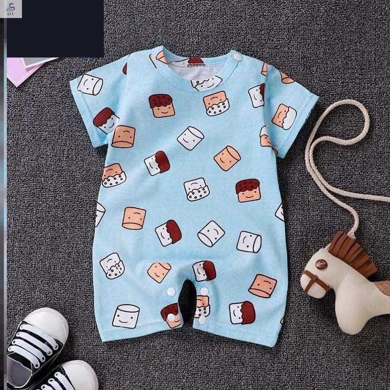 Kids summer printed onesie, short sleeve, natural cotton fabric, playful prints.