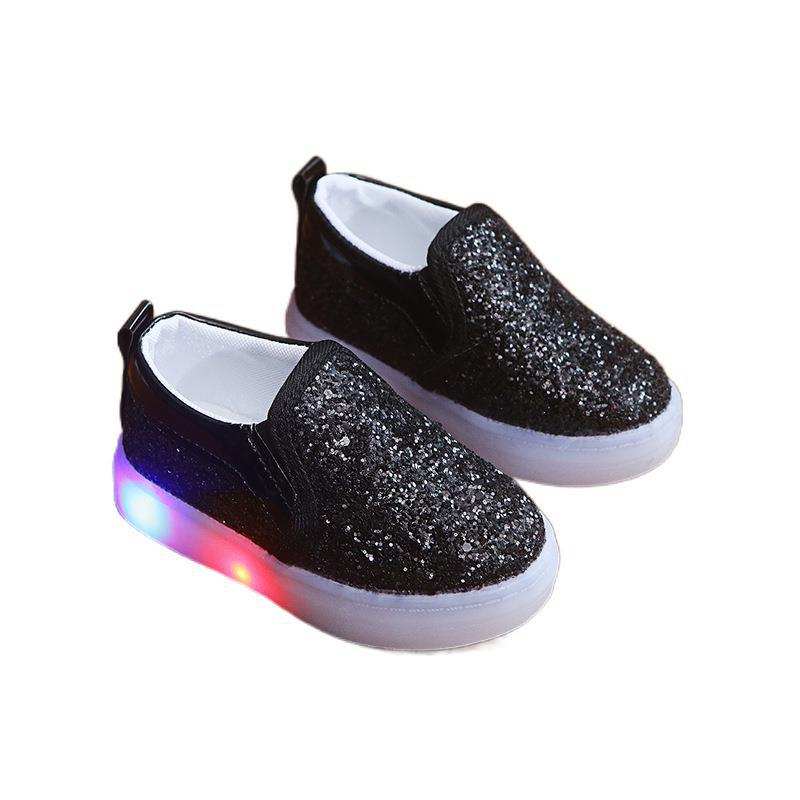 Kids LED lighted sneakers with black sequin design, suitable for boys and girls.
