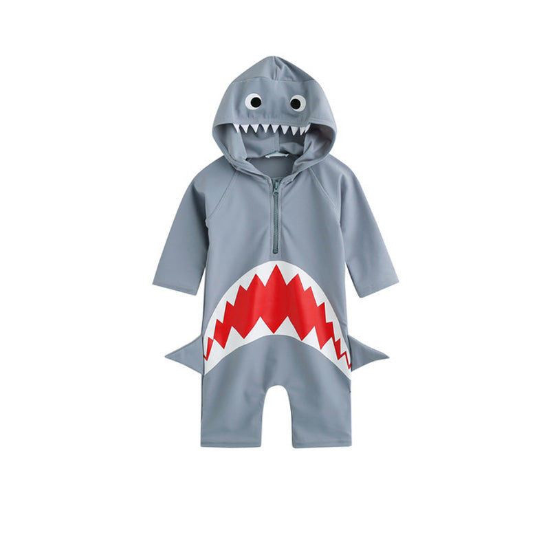Boys' shark one piece swimsuit with shark design and hood, made of nylon.