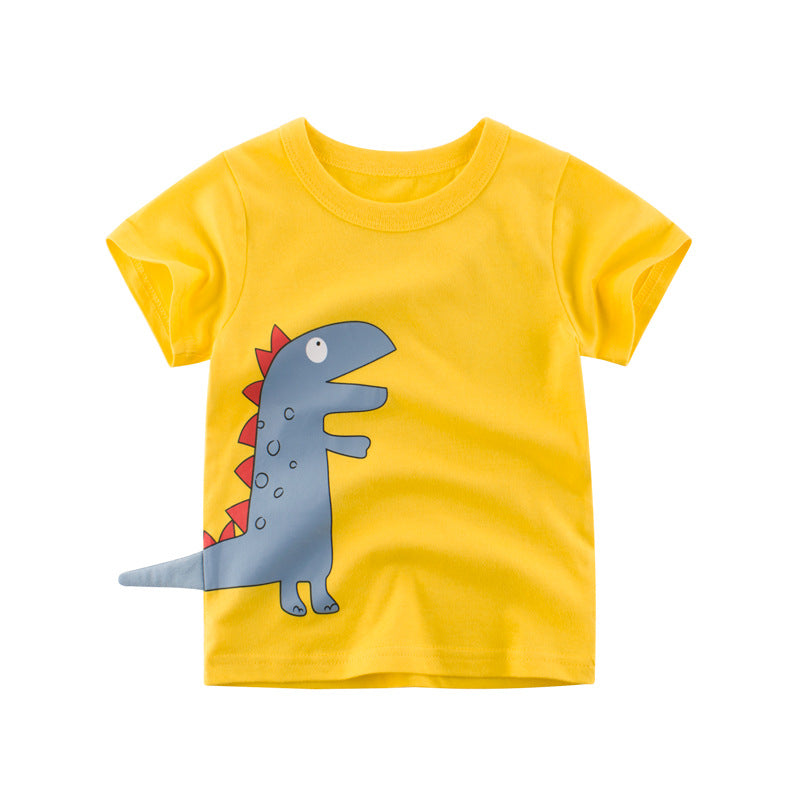 Yellow short sleeve kids t-shirt with cartoon dinosaur print, ideal for ages 3-8, summer wear.