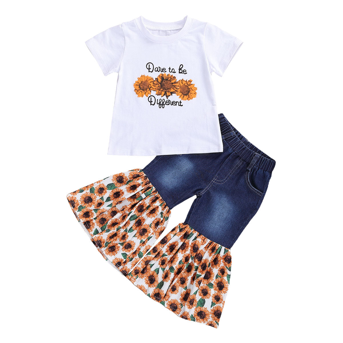 Girls Short Sleeve Dare To Be Different T-Shirt Denim Torch Sunflower Print Pants Set
