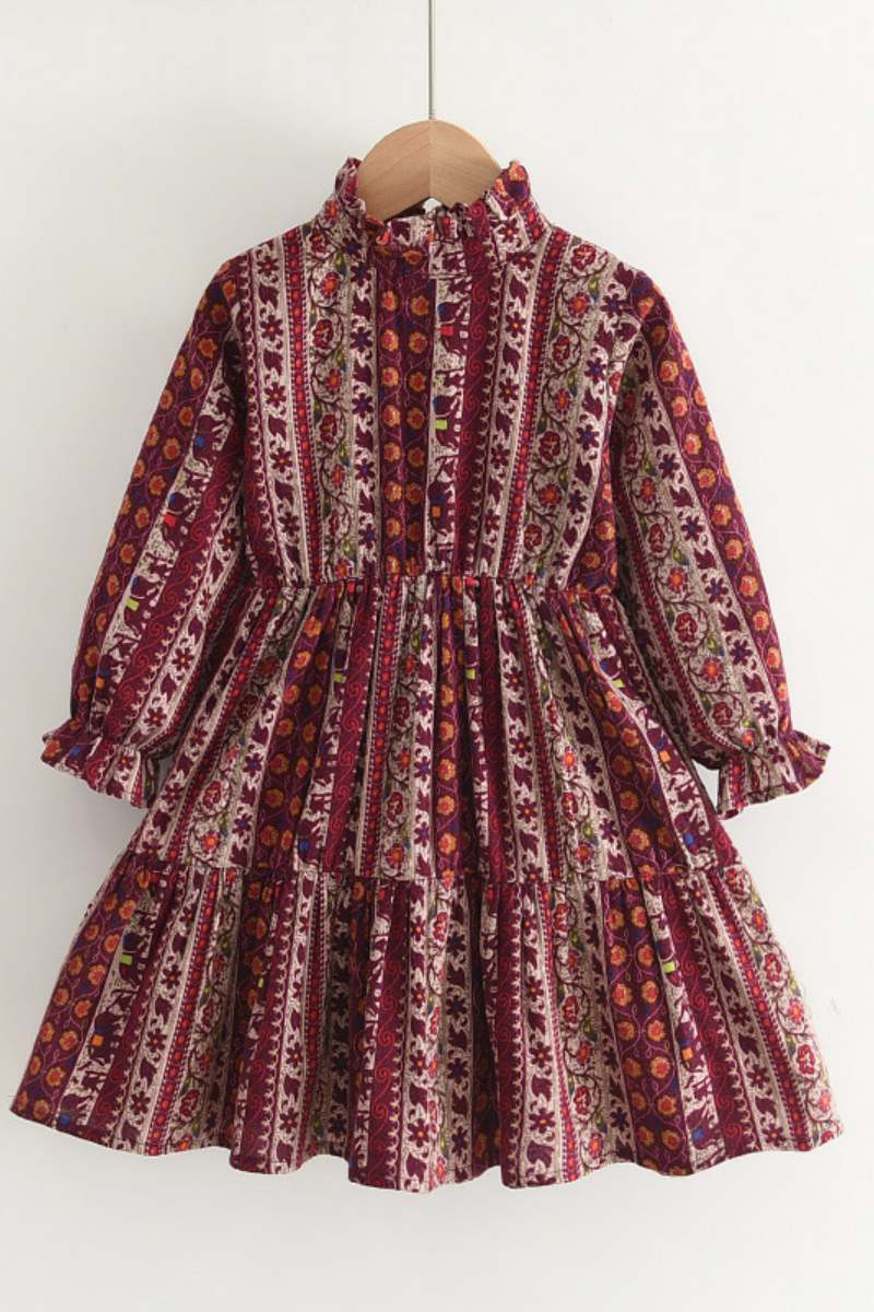 Girls Stand Collar Long Sleeve Dress