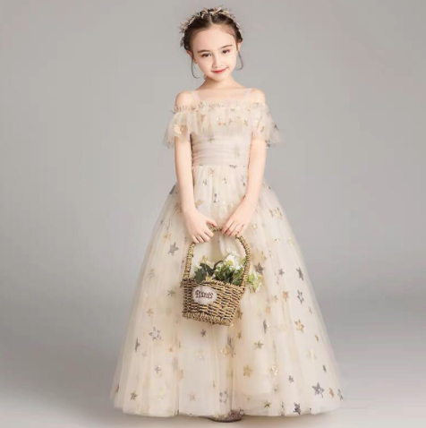 Princess multi-length star wedding pageant dress for girls, featuring off-shoulder design, champagne color, and star embellishments.