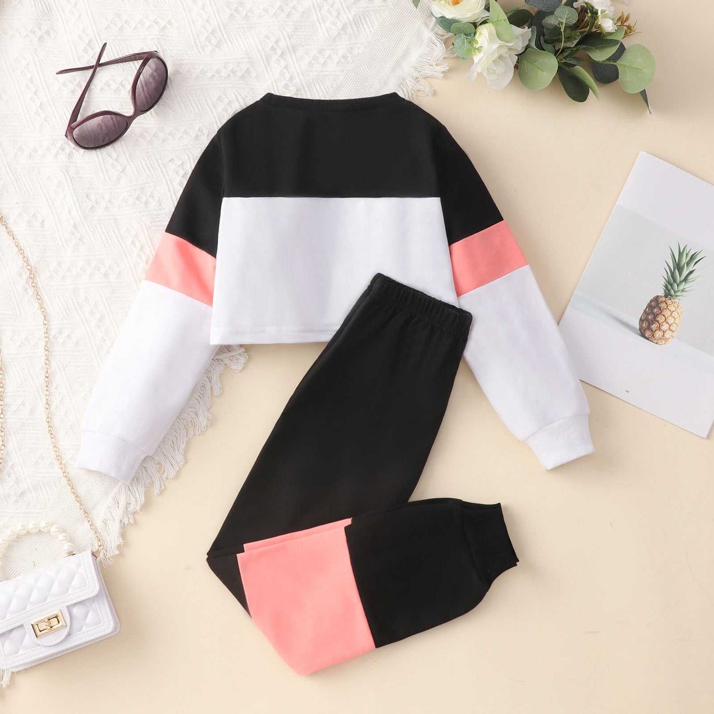 Spring And Autumn Girls Color Matching Casual Sports Suit Set