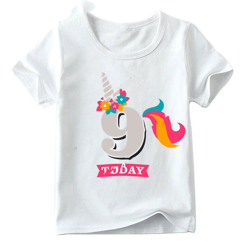 Children's Age 1-9 Birthday Printed Round Neck Short-sleeved Shirt
