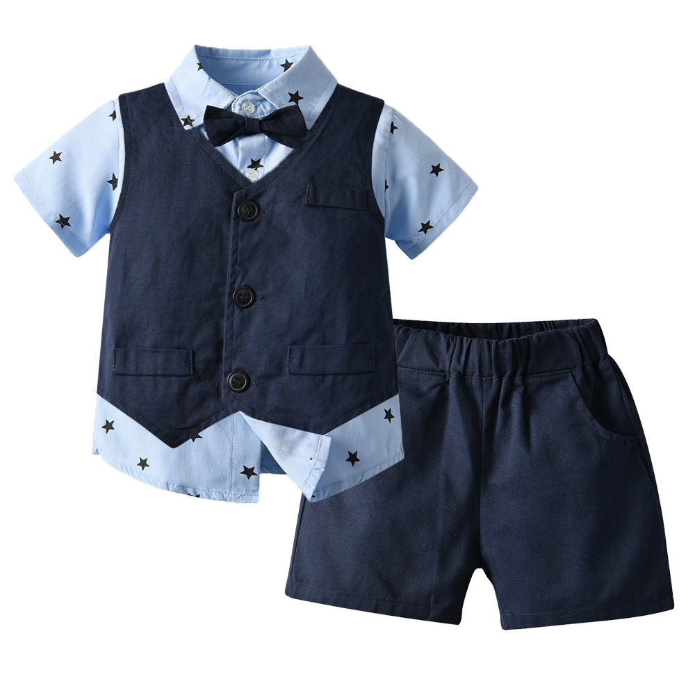 Boys Casual Star Short Sleeve Suit - Cotton Three-Piece Set