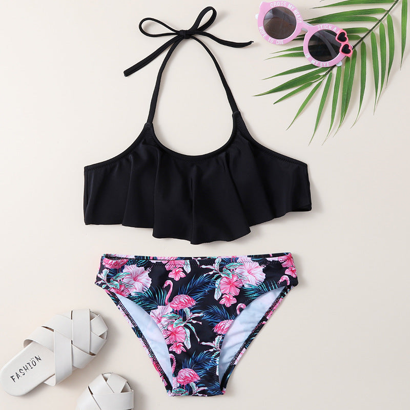 Girls Split Swimwear Leaf Print Fashion Swimsuit