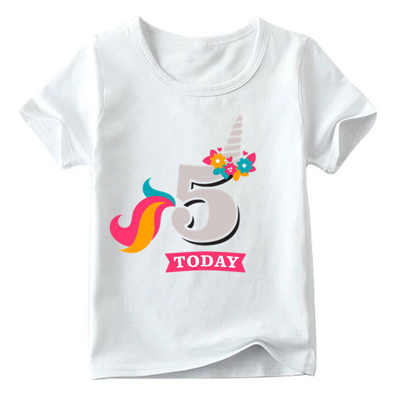 Children's Age 1-9 Birthday Printed Round Neck Short-sleeved Shirt