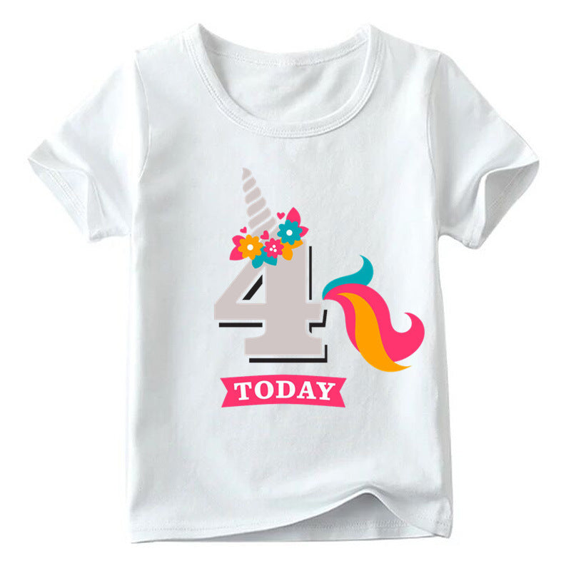 Children's Age 1-9 Birthday Printed Round Neck Short-sleeved Shirt