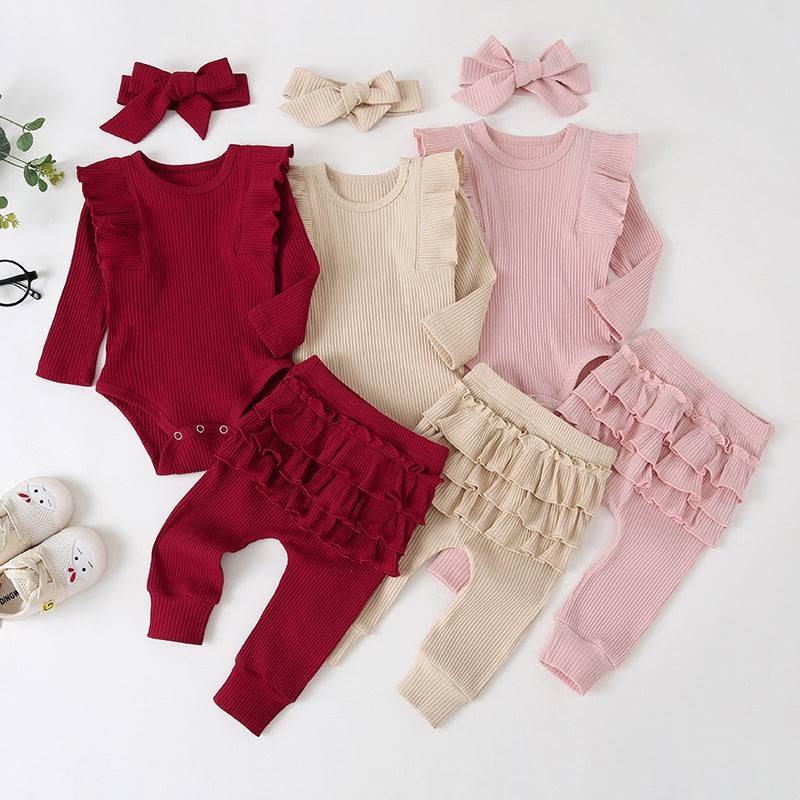 Girls Casual Long-sleeved Lace-sleeved Romper Three-piece Set With Headdress