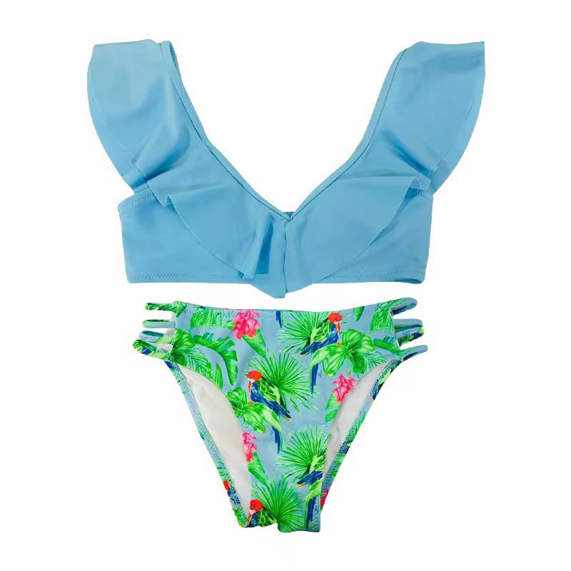 Girls Split Swimwear Leaf Print Fashion Swimsuit