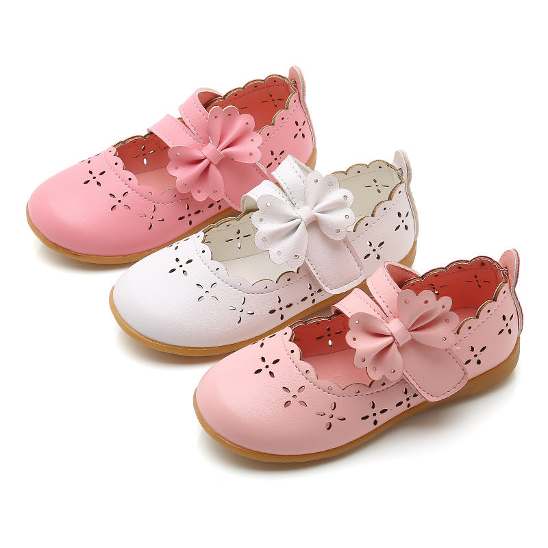 Little Girl Bowknot leather shoes with bow detail, available in pink and white; non-slip rubber sole.