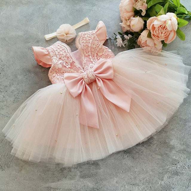 Toddler Baby Girls Lace Bow with Pearls Dresses