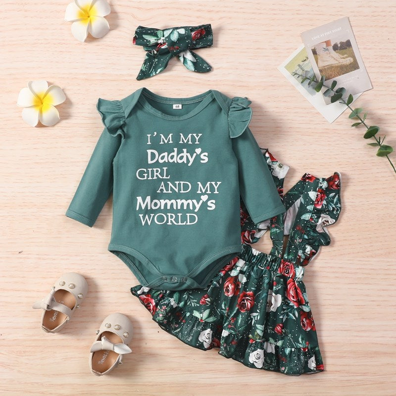 Infant girl long sleeve romper dress set with floral pattern and letter print in green, includes bandana and casual wear.