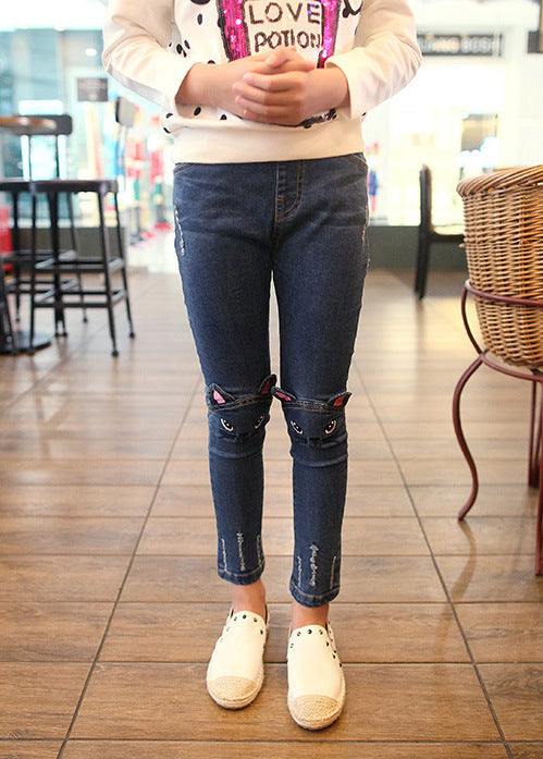 Girls Cat Embroidery Spring And Autumn Straight Leg Jeans