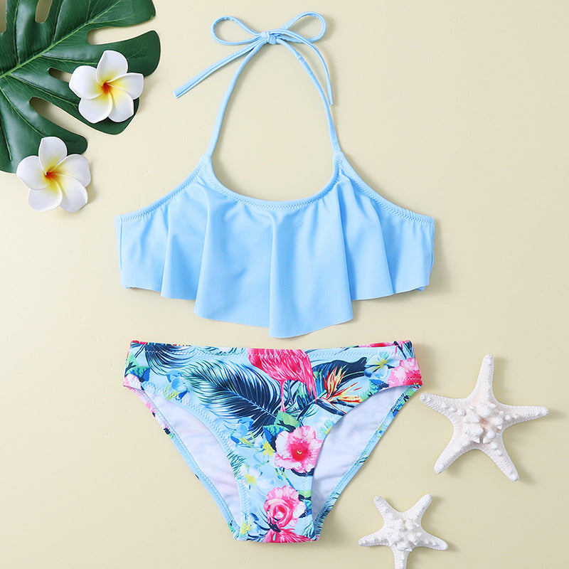 Girls Split Swimwear Leaf Print Fashion Swimsuit