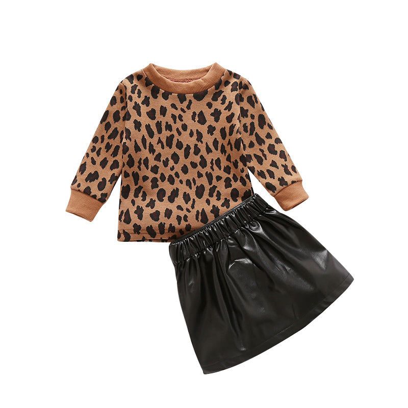 Brown Leopard Print Yarn-dyed Leather Skirt With Zipper Two-piece Set