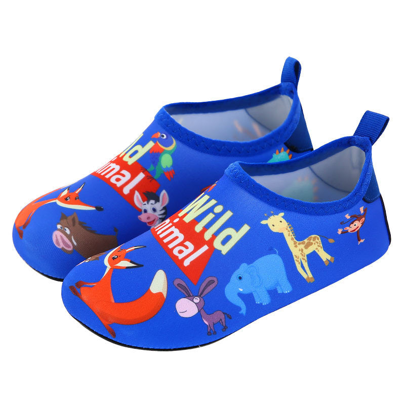Children's beach cartoon swimming shoes with vibrant animal designs on a blue background, featuring a non-slip rubber sole.