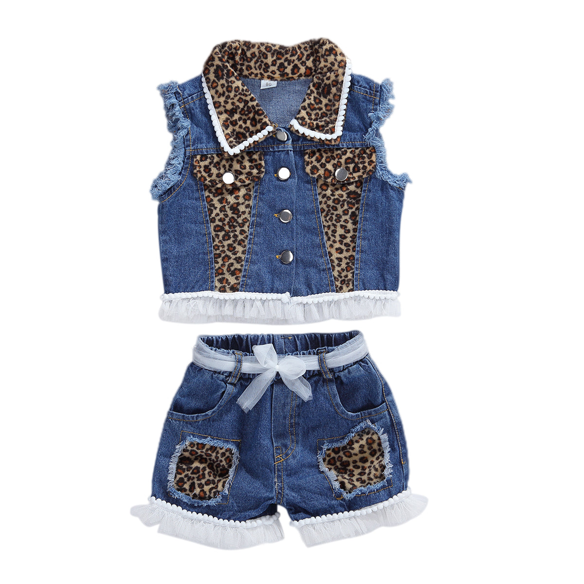 Girls Denim Cheetah Sleeveless Tank Top Shorts 2pc Set
