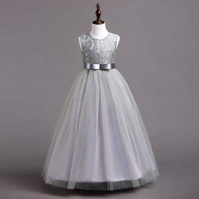 Girls solid color princess dress, gray, lace bodice, satin bow, tulle skirt.
