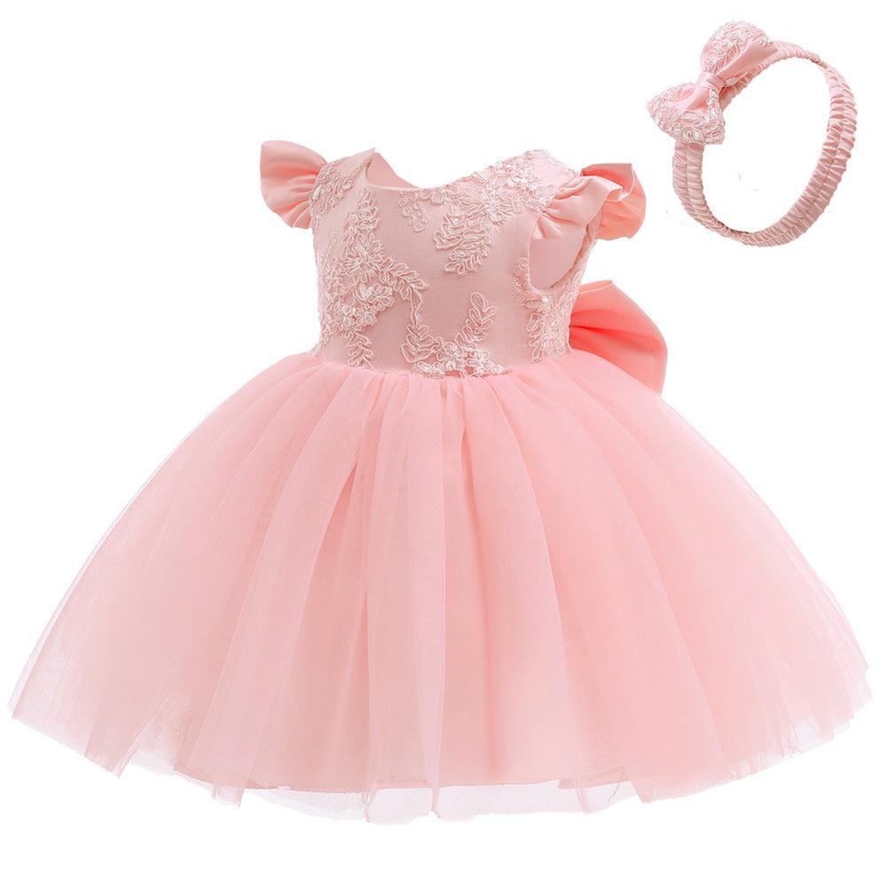 Toddler Baby Girls Lace Bow with Pearls Dresses