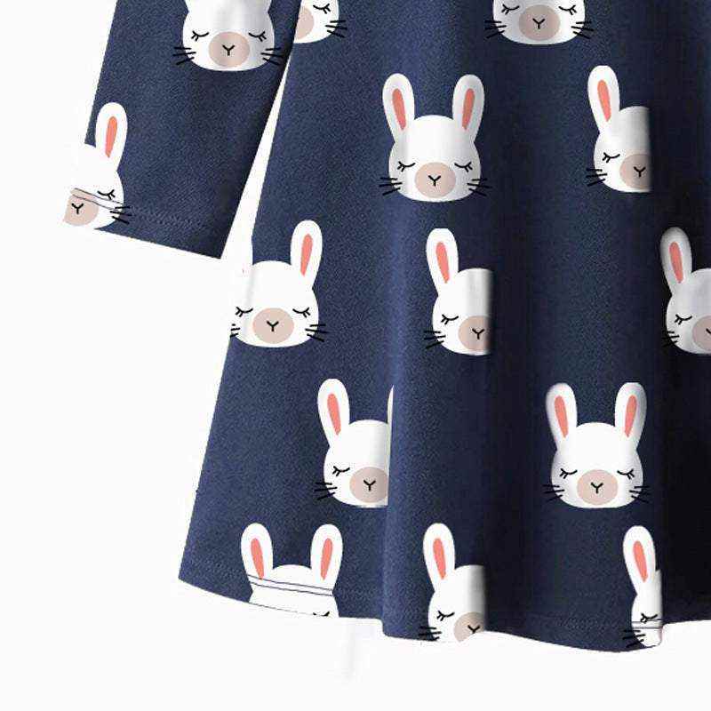 Girls Bunny Long-sleeved Printing Collar Dress